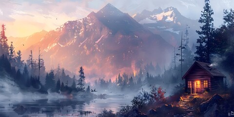 Cozy Mountain Cabin Nestled in Serene Forest Landscape with Glowing Sunset Reflection in Tranquil Lake