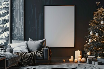 Cozy Winter Interior with Decorated Christmas Tree and Blank Picture Frame