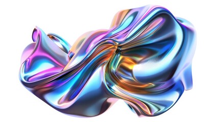 Background with fluid smooth chrome liquid texture wavy shape isolated on white, motion holographic effect