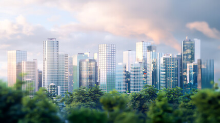 Obraz premium Viewed from a distance, Modern city buildings are arranged from left to right, The cloudy sky on background