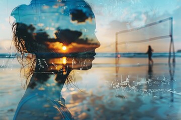 Double exposure of a woman's silhouette with a beach sunset, blending nature and human emotion. A serene and artistic composition.