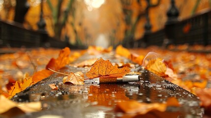 Close-up of fallen autumn leaves and a pen on a wet railroad track in a park, highlighting the beauty of the fall season.
