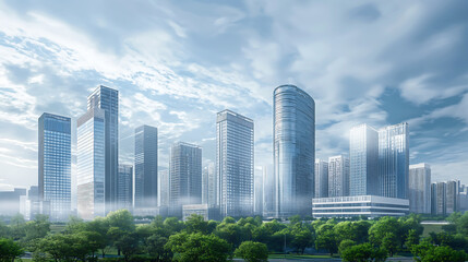 Viewed from a distance, Modern city buildings are arranged from left to right, The cloudy sky on background