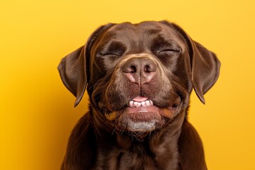 In a studio photo, a friendly dog is captured pulling a funny face, radiating charm and playfulness. This portrait perfectly captures the lovable and humorous nature of the dog.