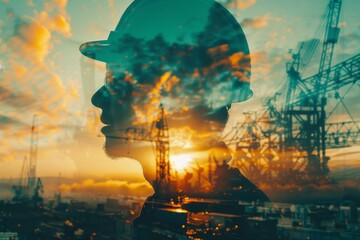 Double exposure of silhouette construction worker with sunset, urban cityscape background, blending human effort and industrial progress.