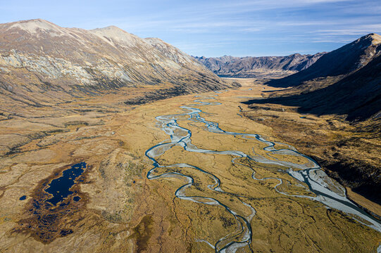 Aerial view of Mararoa river, Walter Peak, Te Anau, New Zealand.