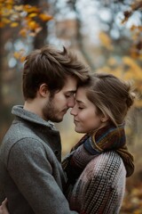 Fototapeta premium A man and a woman embrace lovingly surrounded by the beauty of the woods.