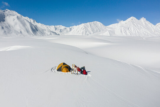 Aerial view of snow-covered Braldu glacier, Camp site, ski pulka expedition, Gojal, Gilgit-Baltistan, Pakistan.