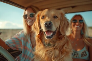 Two women and a dog enjoy a road trip together in a car.
