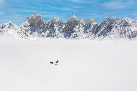 Aerial view of snowy Sim Gang glacier and Baintha Brakk mountains, ski expedition, Gilgit-Baltistan, Pakistan.