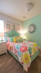 a women's bedroom decorated in white, teal, light green, pink, and yellow, featuring a pastel and soft aesthetic with bright lighting.