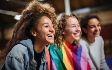 Fototapeta premium Three diverse young women laugh together, draped in a rainbow flag, symbolizing unity and inclusivity.