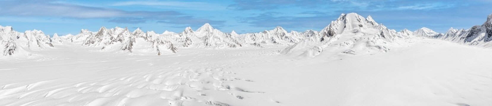 Aerial view of Snow Lake with ski pulka expedition, Shigar, Gilgit-Baltistan, Pakistan.
