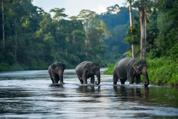 A group of elephants gracefully walking across a river.