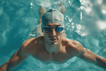 An athletic man wearing goggles swimming gracefully in a pool, showcasing his smooth glide.