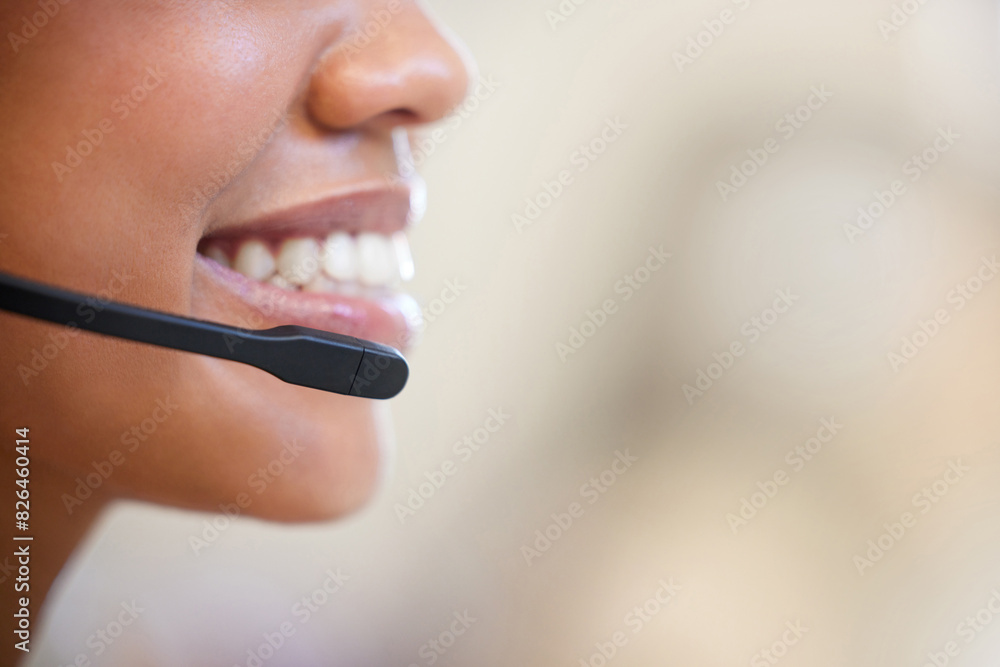 Poster Mouth, microphone and woman in call center for customer service, consulting and business crm. Career, Female advisor and headset for listening, support or inbound telemarketing in office by mockup