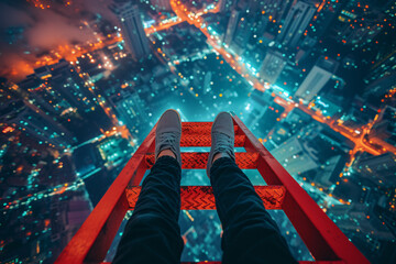 a person's legs on a ladder above a city