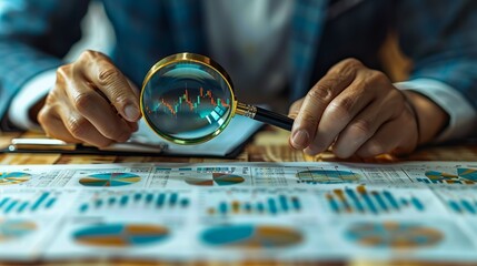 A businessman studying financial charts with a magnifying glass, highlighting attention to detail and meticulous analysis.