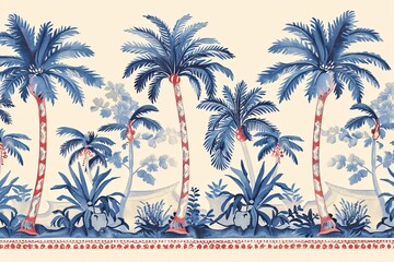 Traditional colors enhance the folk art-inspired palm tree border, creating an intricate tapestry design.