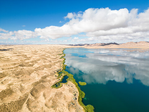 Aerial view of Bayan Lake, Santmargats, Zavkhan, Mongolia.