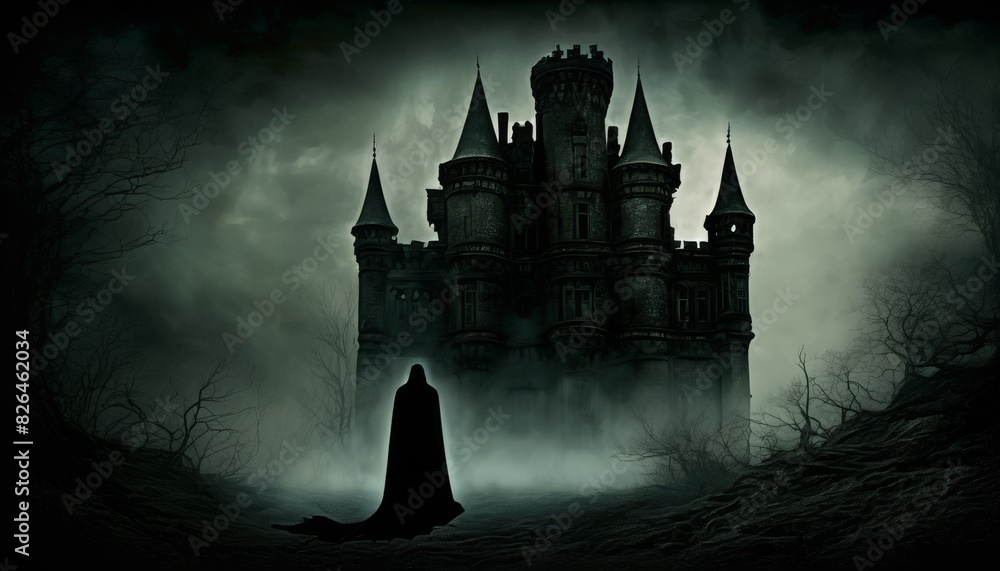 Poster a mysterious cloaked figure stands before a sprawling dark castle enveloped in fog, creating a gothi