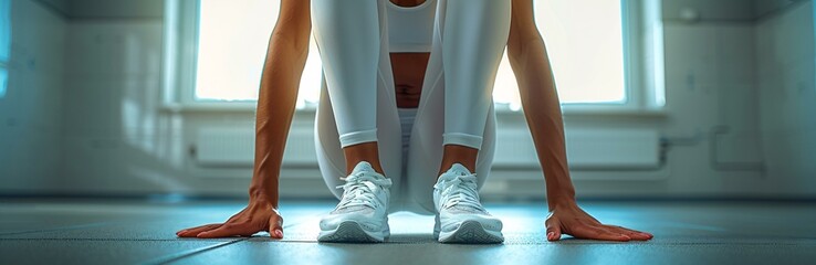 A person is wearing white pants and white shoes, possibly getting ready to run or exercise.