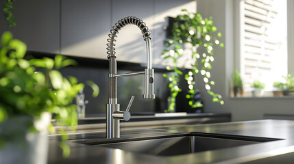 Modern kitchen faucet stainless steel with a black sink and green plant in a stylish modern kitchen
