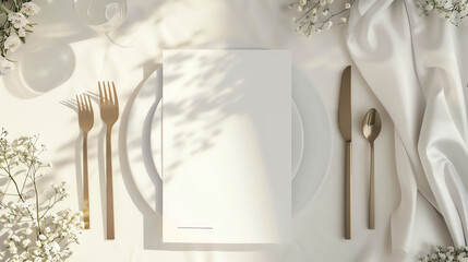 A place setting on a white tablecloth with a gold fork, knife, and spoon. There is a folded napkin and a small vase of flowers.