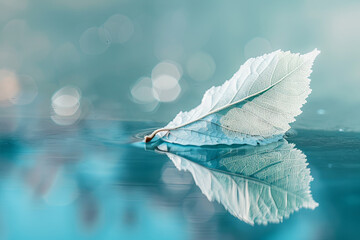 White transparent leaf on mirror surface with reflection on turquoise background macro. Artistic image of ship in water of lake. Dreamy image nature, free space
