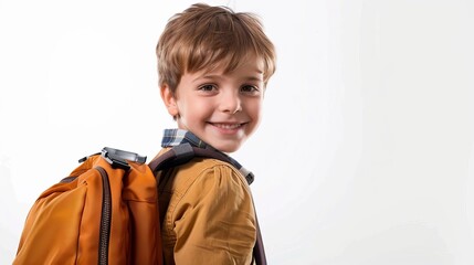 smiling boy with backpack ready for school studio portrait on white background