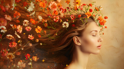 Blooming Beauty - Portrait of a Woman with Floral Hair Adornments Representing Growth and Beauty