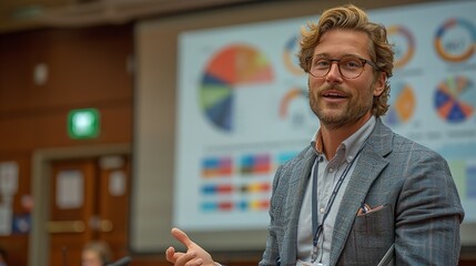 A businessman giving a presentation with confidence, illustrating effective communication skills in financial leadership.