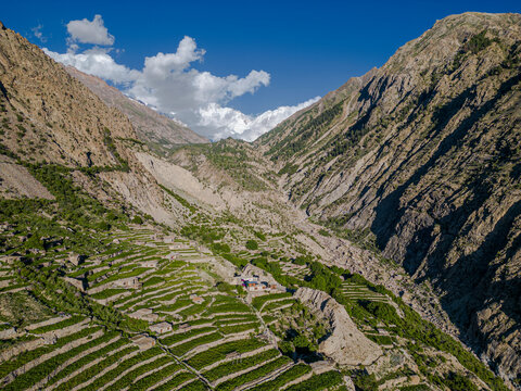 Aerial view of Nanga Parbat Diamir face in Diamir valley, Zankot village, Gilgit-Baltistan, Pakistan.