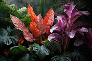 Various vibrant colored plants with different foliage types arranged in a room, adding a pop of color and life to the indoor space