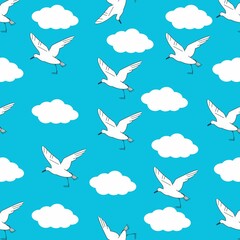 Fototapeta premium Seamless image of birds and clouds on a bright blue background.
