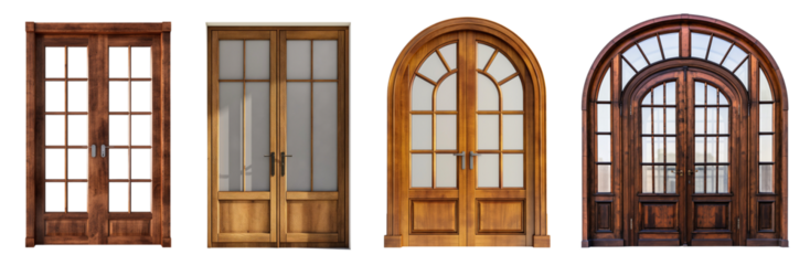 Wooden double doors collection with glass on transparent or white background