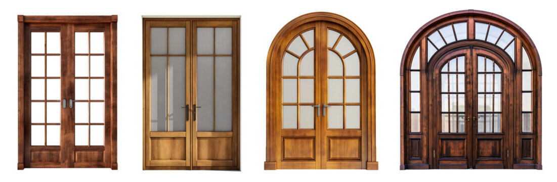 Wooden double doors collection with glass on transparent or white background