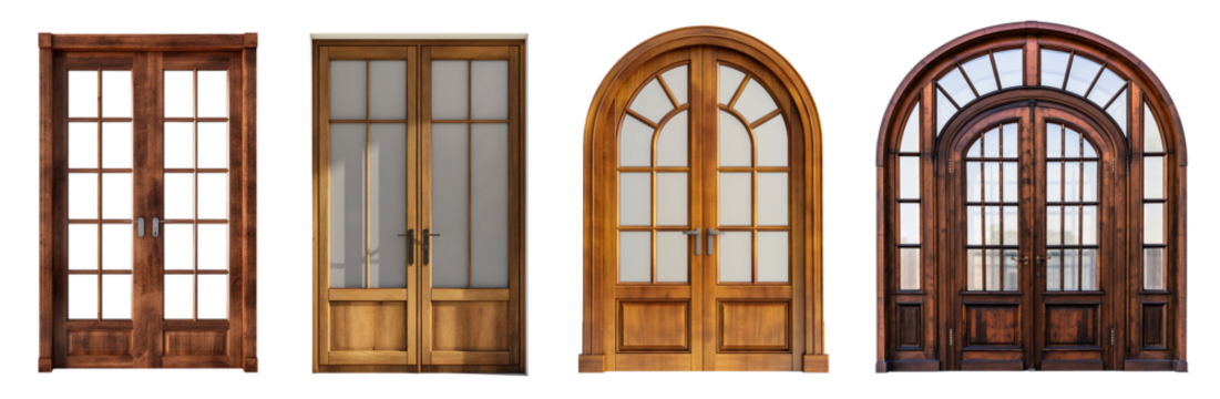 Wooden double doors collection with glass on transparent or white background