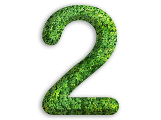 3d of the number of 2 is made from green grass on white background, go green concept