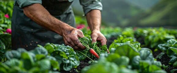 Fototapeta premium A person is picking vegetables in a garden, holding a carrot in their hand. They are surrounded by green plants and leafy vegetables.