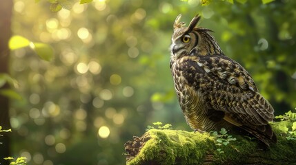 A majestic owl perched on a moss-covered branch, surveying its domain in the forest.