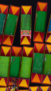 Mexico City, Mexico - 17 February 2024: Aerial view of Trajineras boats, Xochimilco, Mexico City, Mexico.