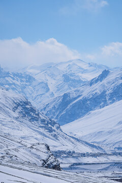 Aerial view of snow-capped mountains in Spiti Valley, Himachal Pradesh, India.