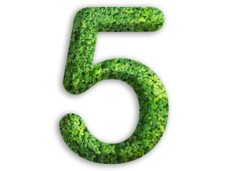 3d of the number of 5 is made from green grass on white background, go green concept