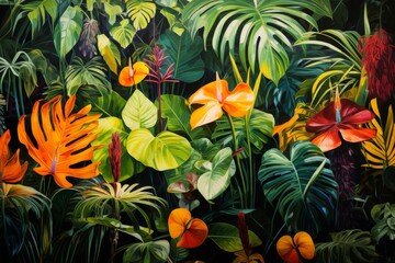 Fototapeta premium A painting featuring lush tropical plants and vibrant flowers, set against a tropical paradise background