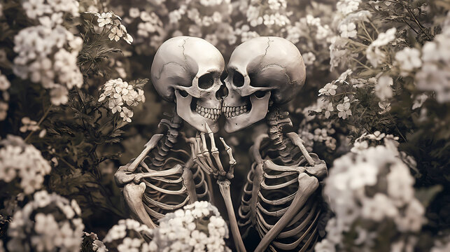 Two skeleton man and woman holding hands and kissing the skull from behind surrounded by white flowers in a garden. Two skeleton couple hugging together