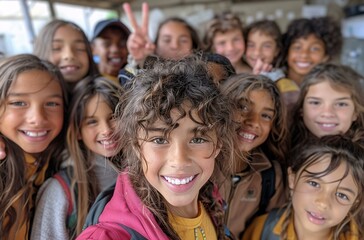 Fototapeta premium A group of young children standing together and smiling for a picture. They are all wearing backpacks and are happy to be together.