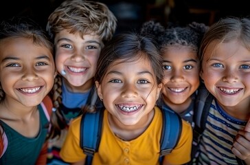 Obraz premium A group of children wearing backpacks and smiling for the camera.