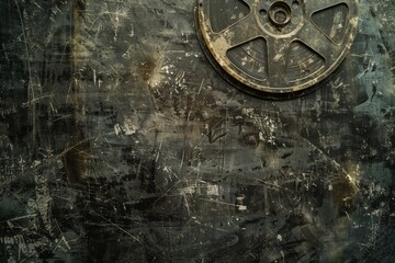 Close-up of black and white film reel on a dirty backdrop. Retro concept