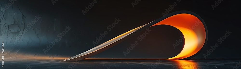 Poster abstract art with a curved metallic structure illuminated by warm light, set against a dark backgrou